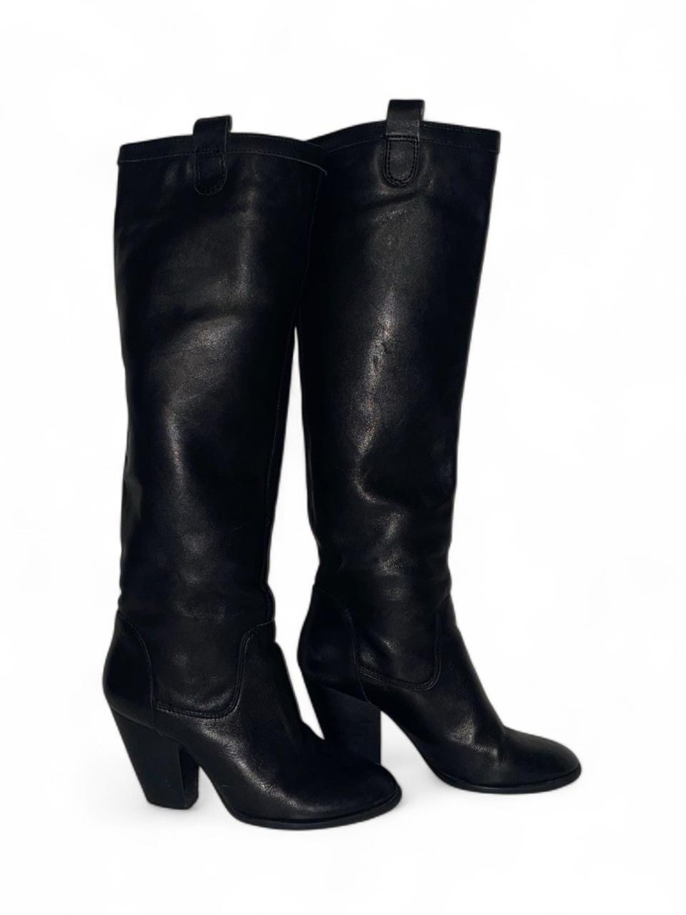 Vince Camuto Black Leather Knee High Western Round toe Boots